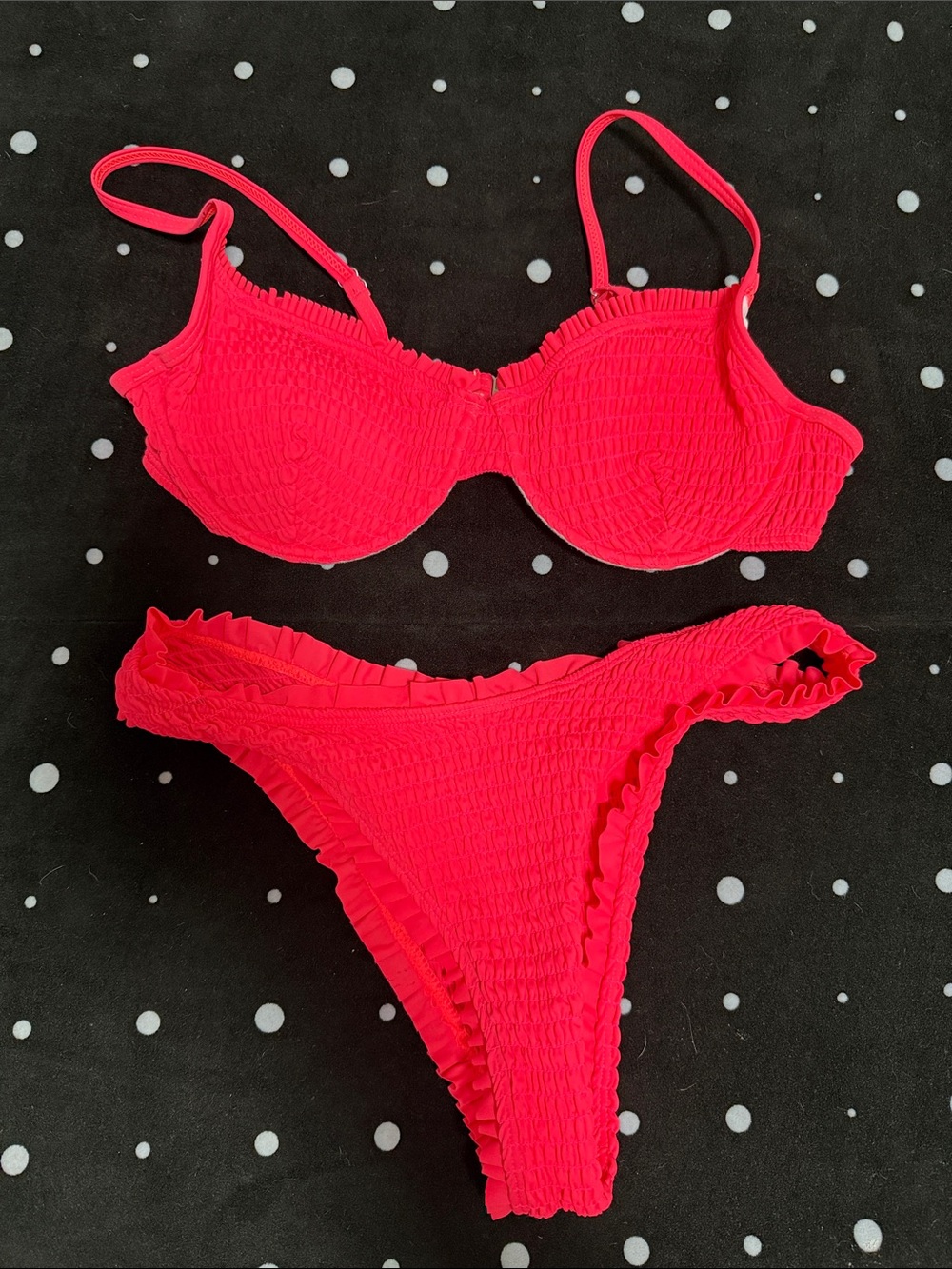 SHEIN Smocked Ruffle Bikini Set - Bright Pink